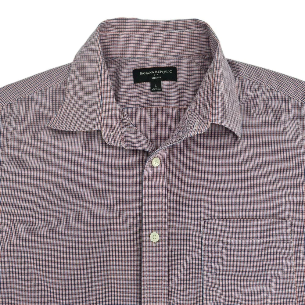 Banana Republic Men's Red Blue Gingham Check Short Sleeve Button Up Shirt‎ Sz L